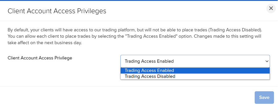 Image of the client account access privileges panel in portal. 